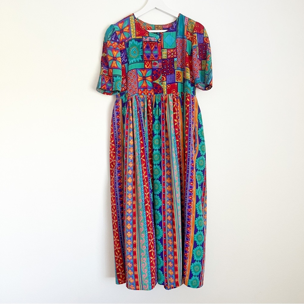 Vintage 90s Amara Midi Dress Floral Abstract Vibrant Rayon Silk Small Teal Red